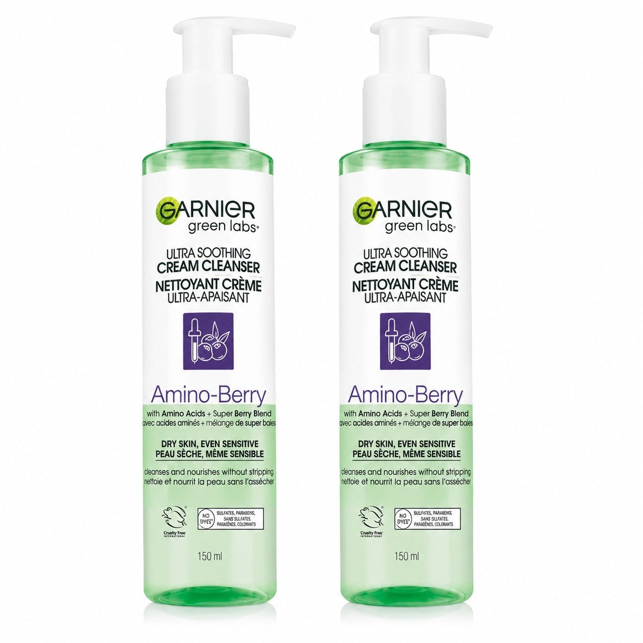 Garnier Green Labs Amino-Berry Soft Gentle Facial Cream Cleanser Hydrates 2 pack