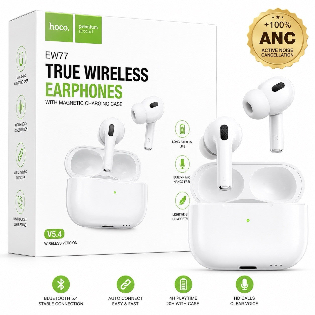 HOCO EW77 ANC True Wireless Earbuds Bluetooth 5.4 USB-C Charging Case White