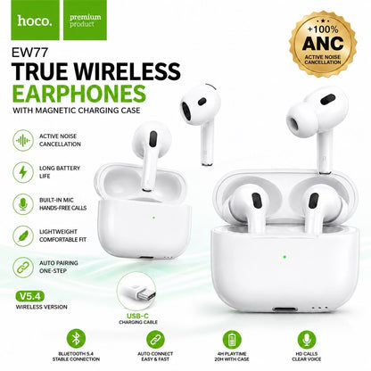 HOCO EW77 ANC True Wireless Earbuds Bluetooth 5.4 USB-C Charging Case White - Lumi and Leo
