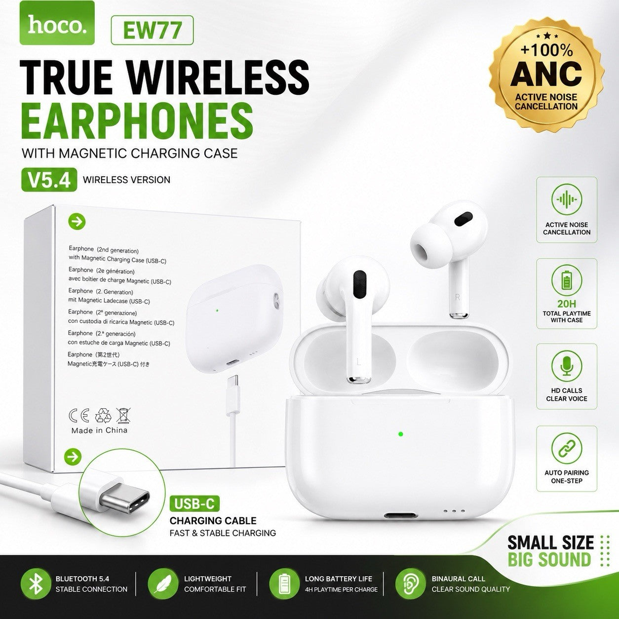 HOCO EW77 ANC True Wireless Earbuds Bluetooth 5.4 USB-C Charging Case White - Lumi and Leo