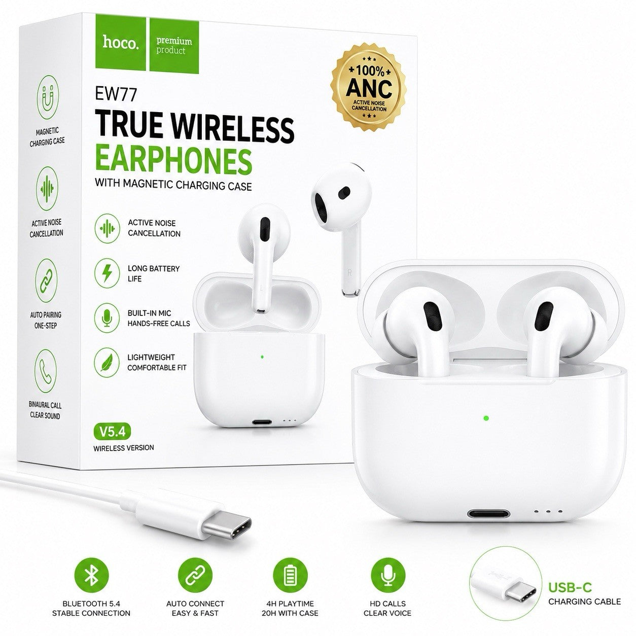 HOCO EW77 ANC True Wireless Earbuds Bluetooth 5.4 USB-C Charging Case White