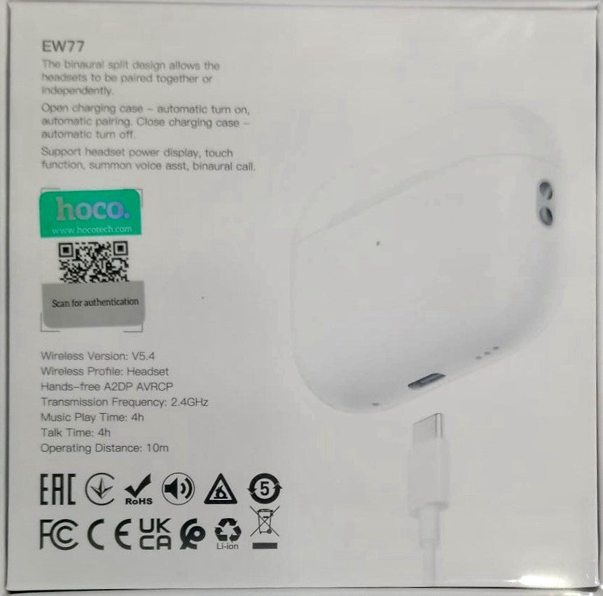 HOCO EW77 ANC True Wireless Earbuds Bluetooth 5.4 USB-C Charging Case White