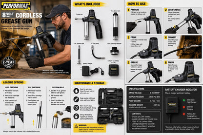 Heavy Duty 8V Cordless Grease Gun Kit - Lumi and Leo