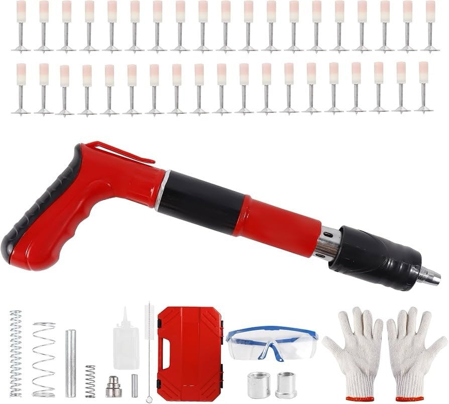 Heavy Duty Concrete Steel Nailer Gun Kit w/ 100 Nails & Safety Gear - Lumi and Leo