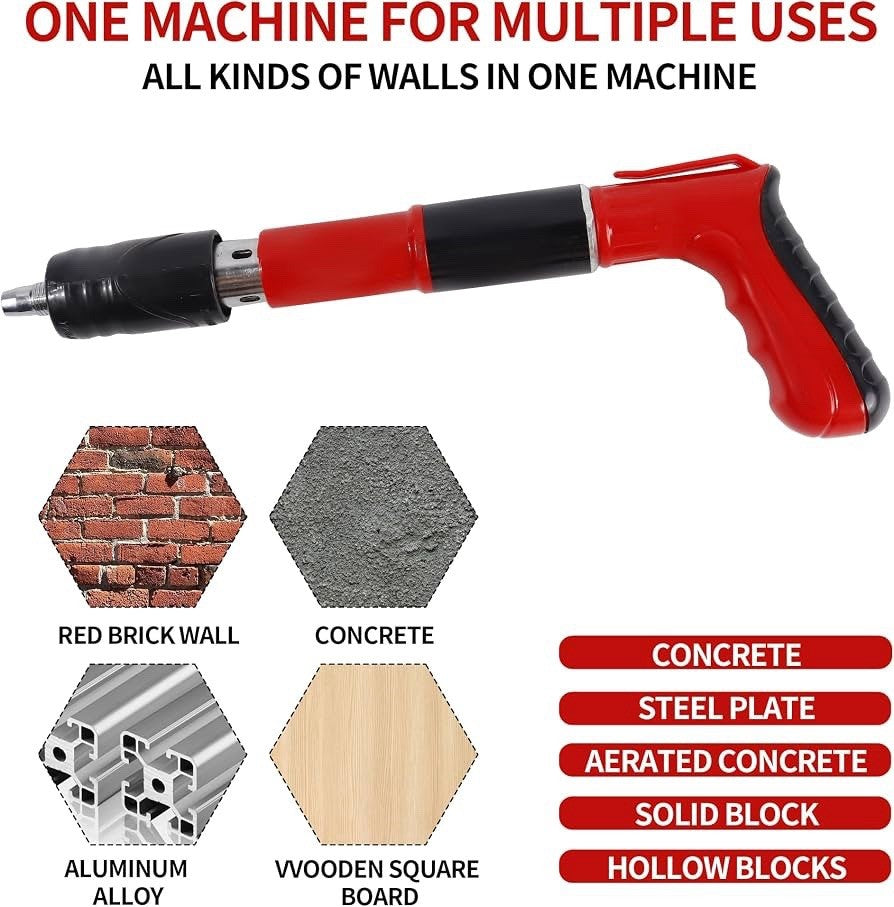 Heavy Duty Concrete Steel Nailer Gun Kit w/ 100 Nails & Safety Gear