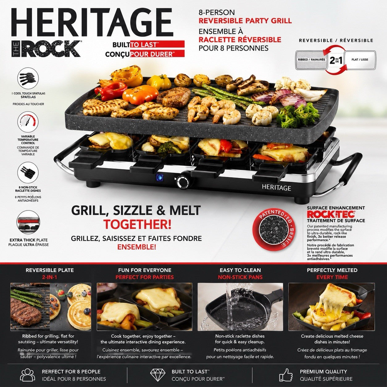 Heritage The Rock 8 Person Reversible Raclette Party Grill 2 in 1 Nonstick