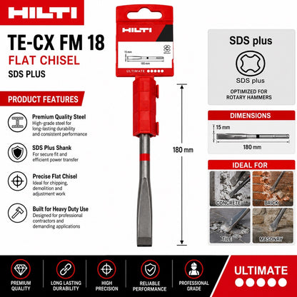 Hilti TE-CX FM 18 SDS Plus Flat Chisel 15mm x 180mm Concrete Masonry New Genuine - Lumi and Leo