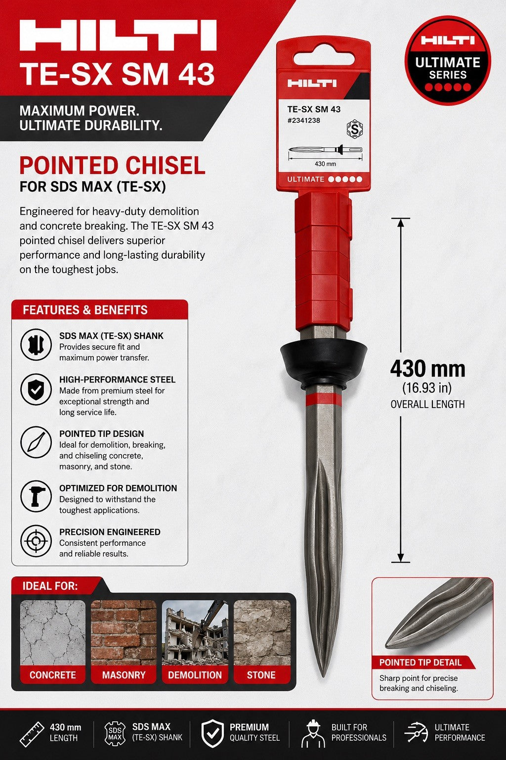 Hilti TE-SX SM 43 SDS Max Pointed Chisel 430mm Genuine New #2341238 - Lumi and Leo