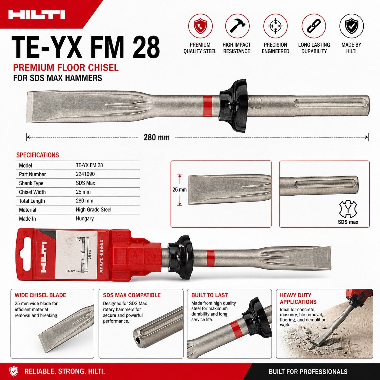 Hilti TE-YX FM 28 SDS Max Floor Chisel 25mm x 280mm Demolition Bit New