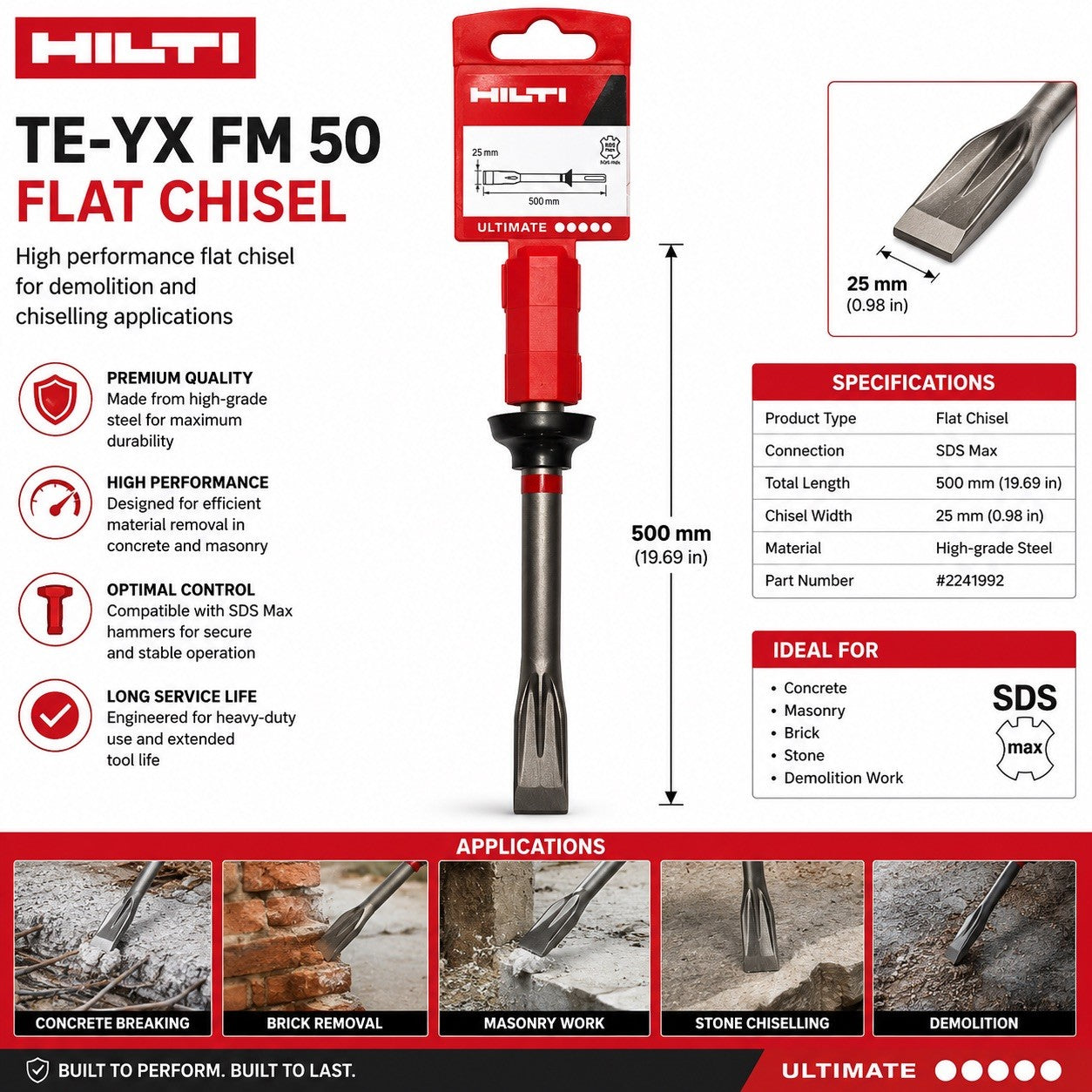 Hilti TE-YX FM 50 SDS Max Flat Chisel 25mm x 500mm Genuine New Demolition - Lumi and Leo