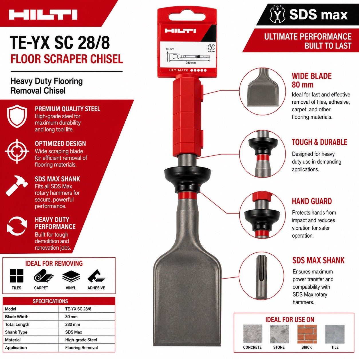 Hilti TE-YX SC 28/8 SDS Max Floor Scraper Chisel 80mm x 280mm New Genuine - Lumi and Leo