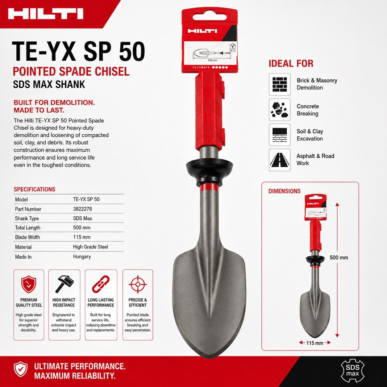 Hilti TE-YX SP 50 SDS Max Pointed Spade Chisel 500mm Demolition Tool New