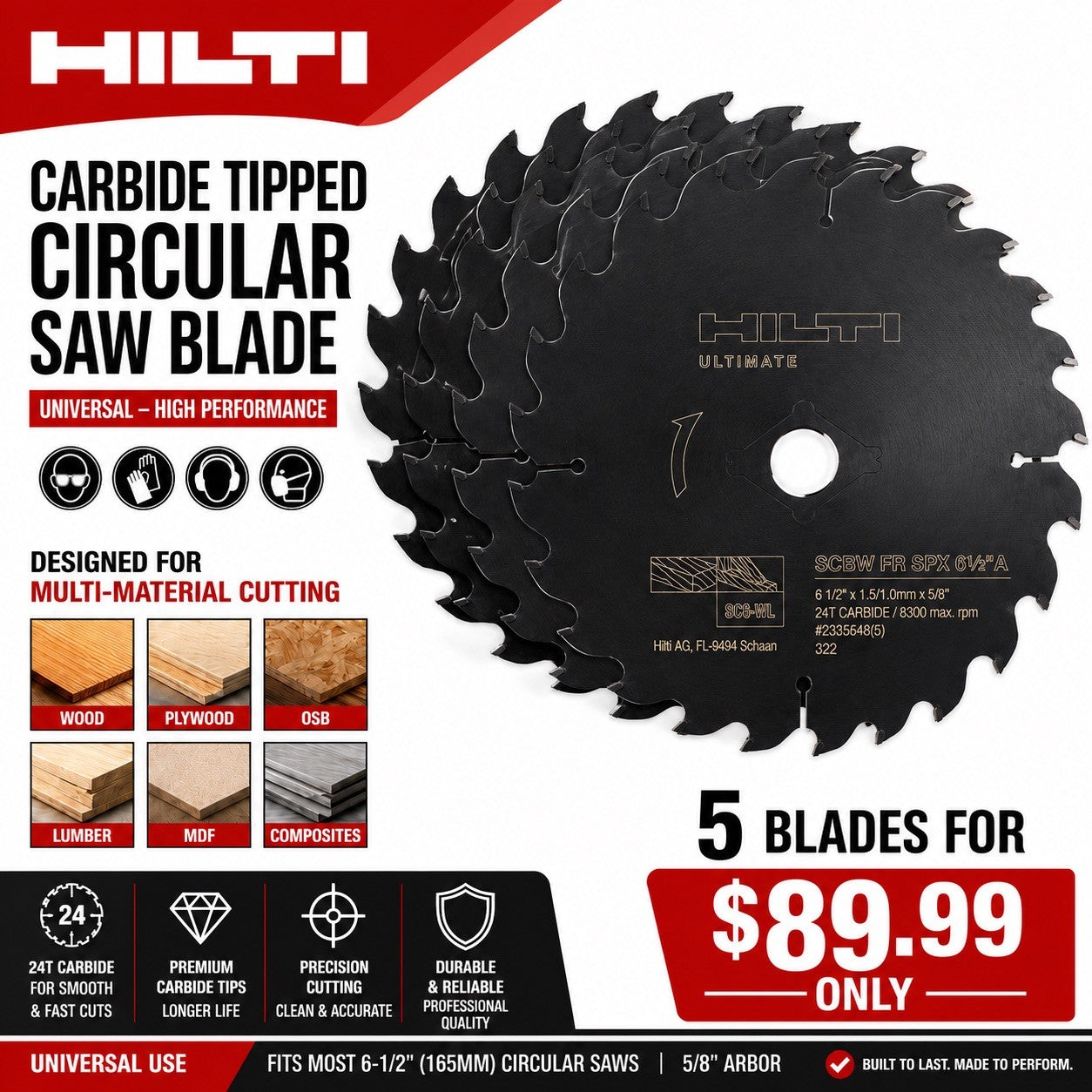 Hilti Ultimate 6-1/2" 24T Carbide Circular Saw Blade 5/8" Arbor New 5 pack