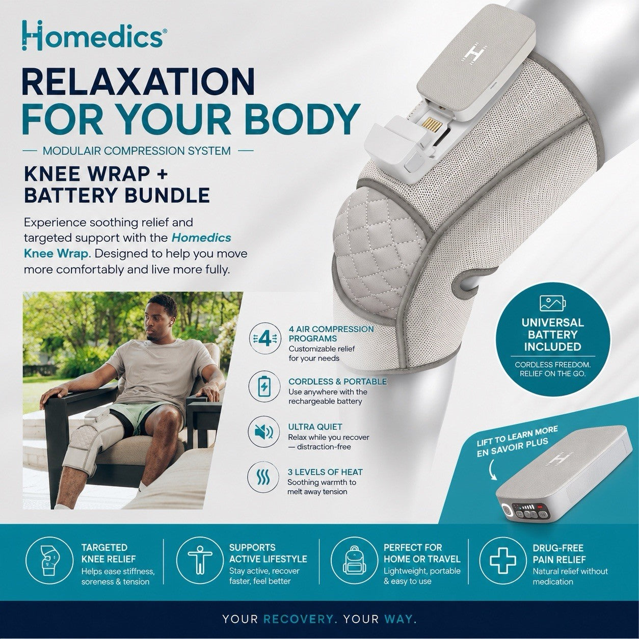 HoMedics Modulair Compression Knee Wrap Bundle SR-CMXK10H Cordless Heat