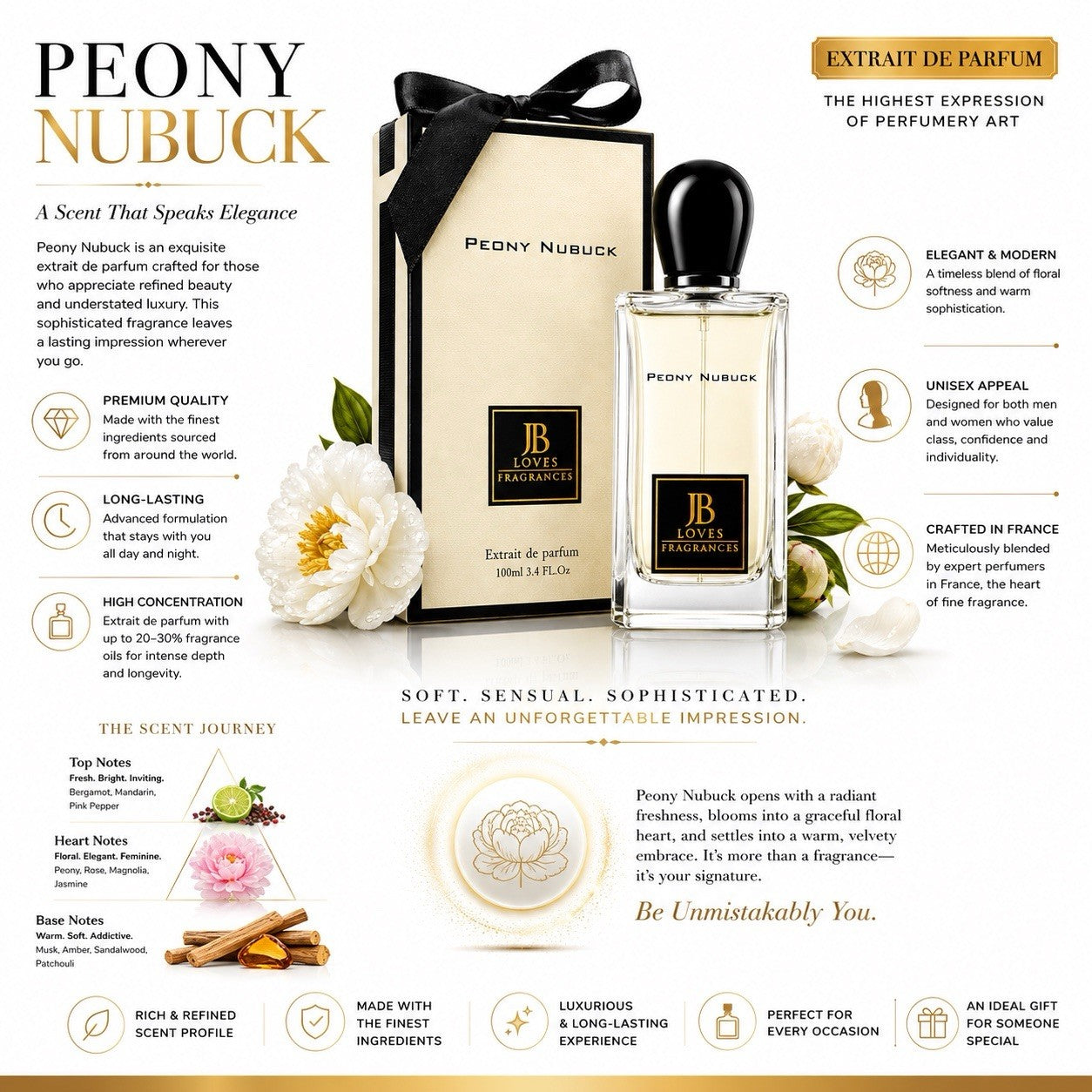 JB Loves Peony Nubuck Extrait de Parfum 100ml 3.4oz Unisex Fragrance Spray