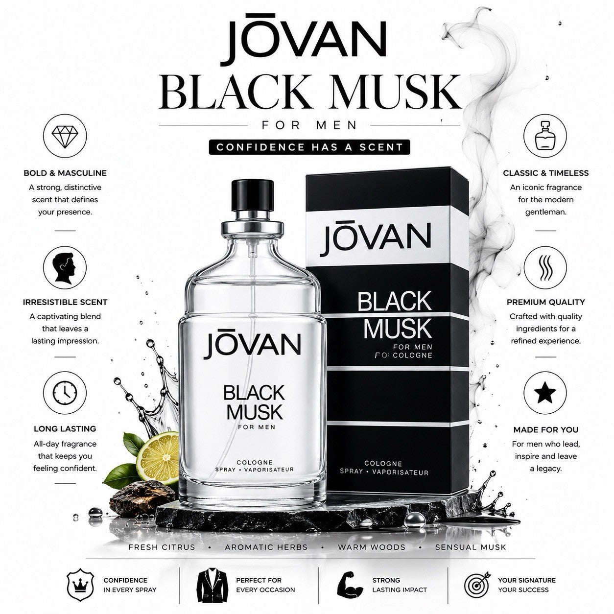 JOVAN Black Musk Cologne Spray for Men 88ml 3 fl oz Long Lasting Fragrance - Lumi and Leo