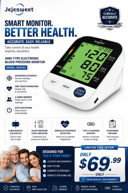 Jejesweet Arm Blood Pressure Monitor BSX553 LCD BP Machine USB-C New Sealed - Lumi and Leo