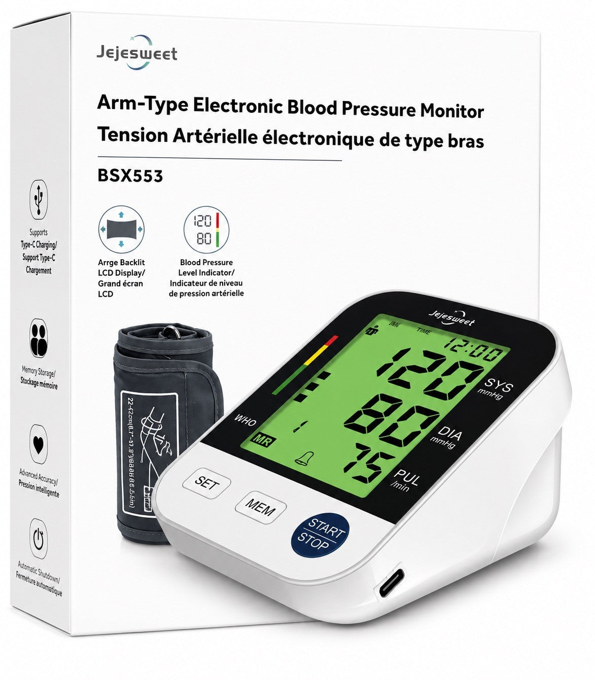 Jejesweet Arm Blood Pressure Monitor BSX553 LCD BP Machine USB-C New Sealed - Lumi and Leo