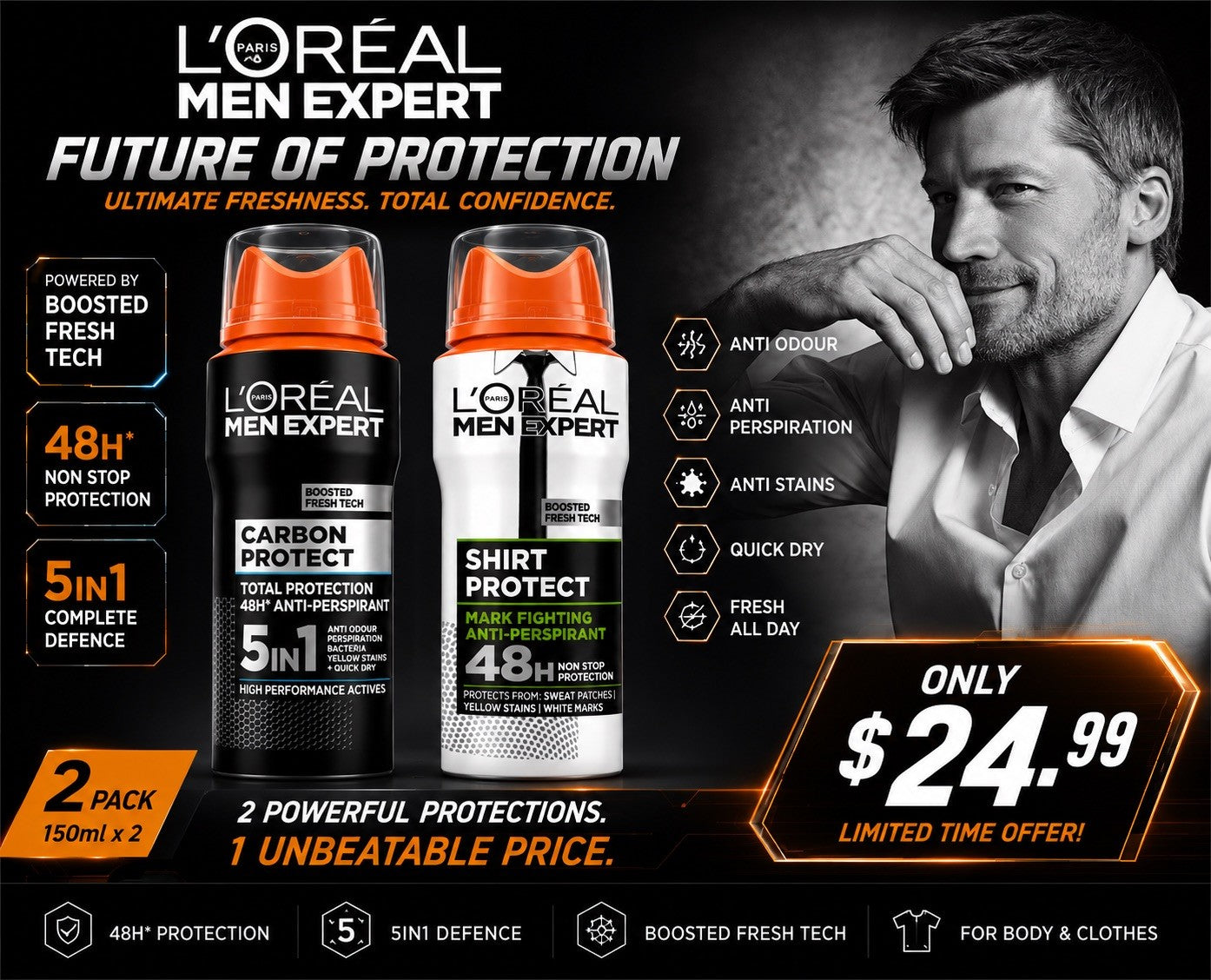 L'Oréal Men Expert 2-Pack Carbon Protect & Shirt Protect Spray 150ml NEW - Lumi and Leo