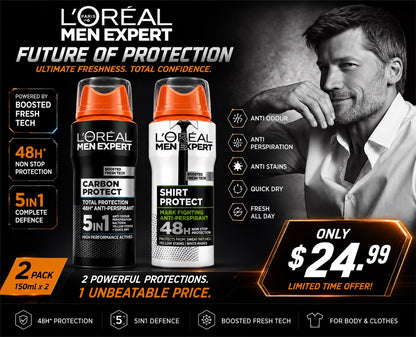 L'Oréal Men Expert 2-Pack Carbon Protect & Shirt Protect Spray 150ml NEW - Lumi and Leo