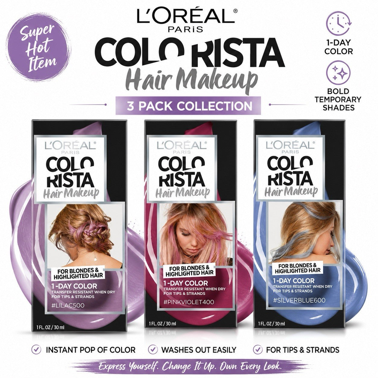 L'Oreal Paris Colorista Hair Makeup 1-Day Temporary Color 30ml 3 Pack