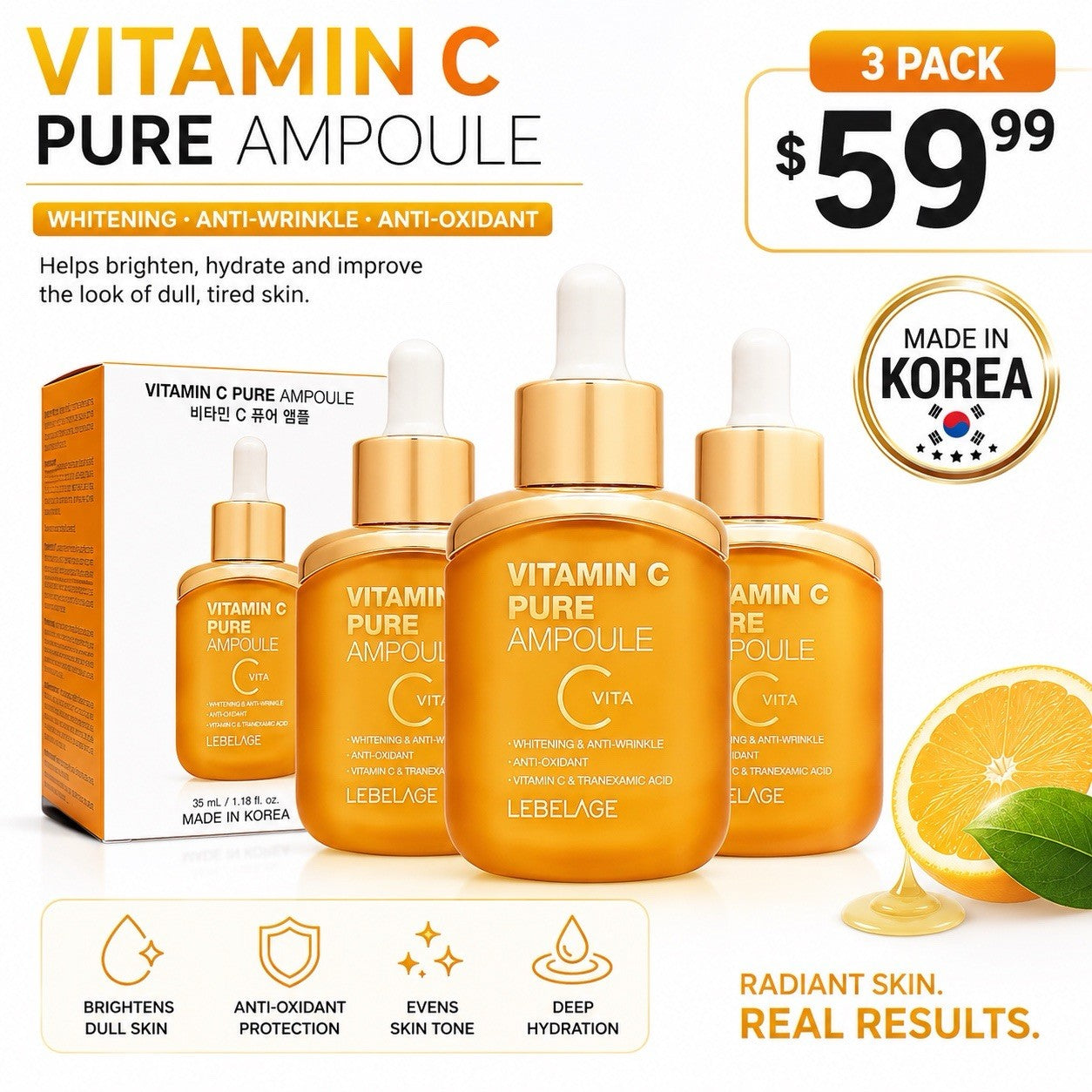 LEBELAGE Vitamin C Pure Ampoule 35ml Face Serum Made in Korea 3 Pack
