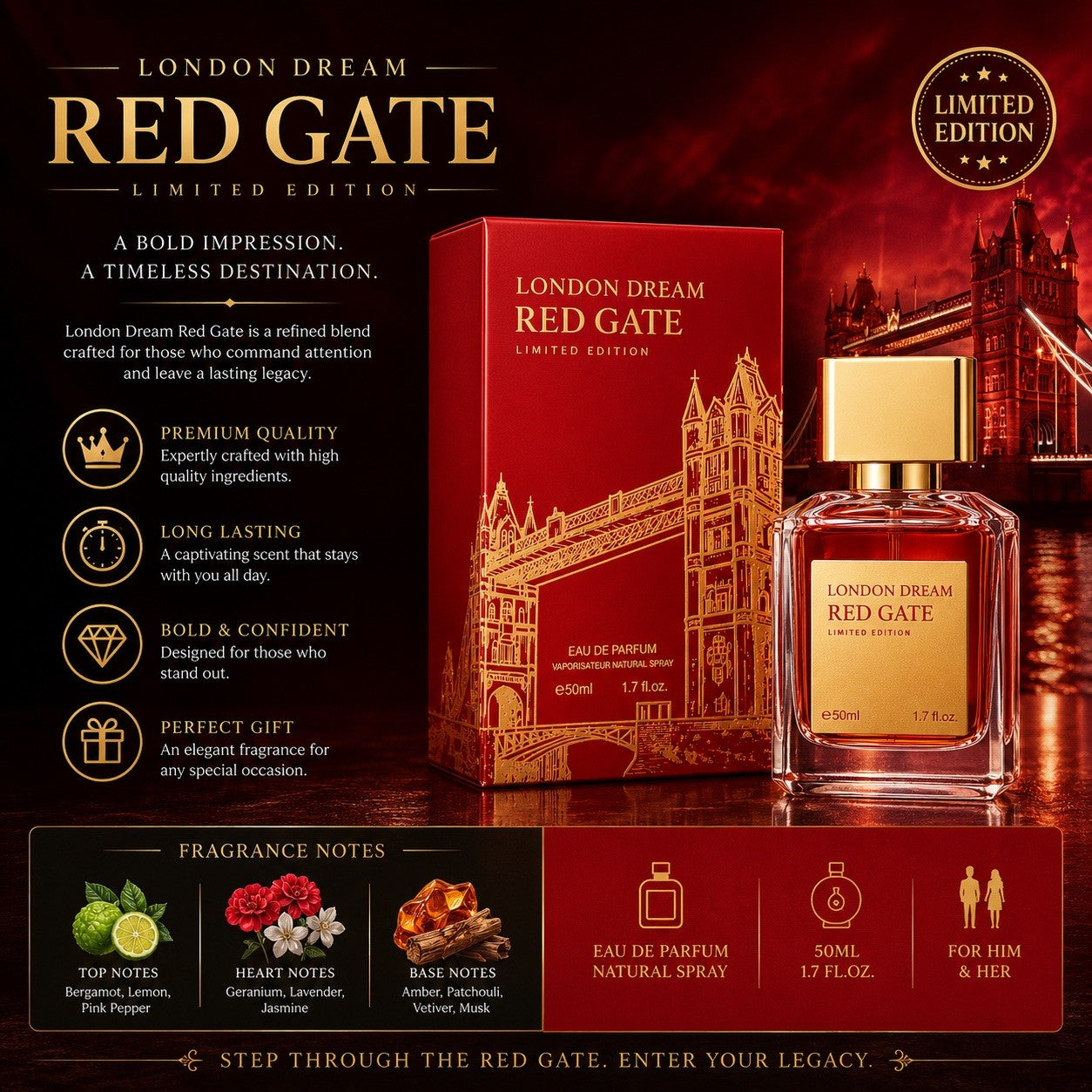 London Dream Red Gate Limited Edition Eau de Parfum 100ml Unisex Fragrance - Lumi and Leo