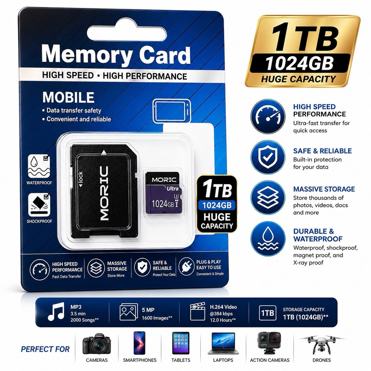 MORIC 1024GB HIGH SPEED MICRO SD CARD W/ADAPTER MEMORY CARD MOBILE CLASS 10