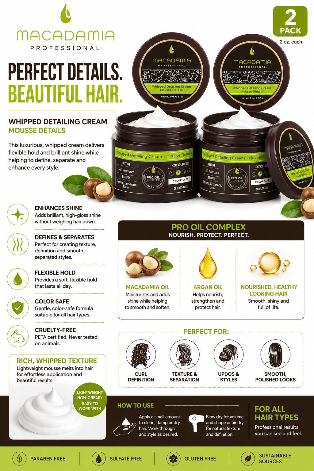 Macadamia Professional Whipped Detailing Cream 2oz Hair Styling Cream 2 Pack