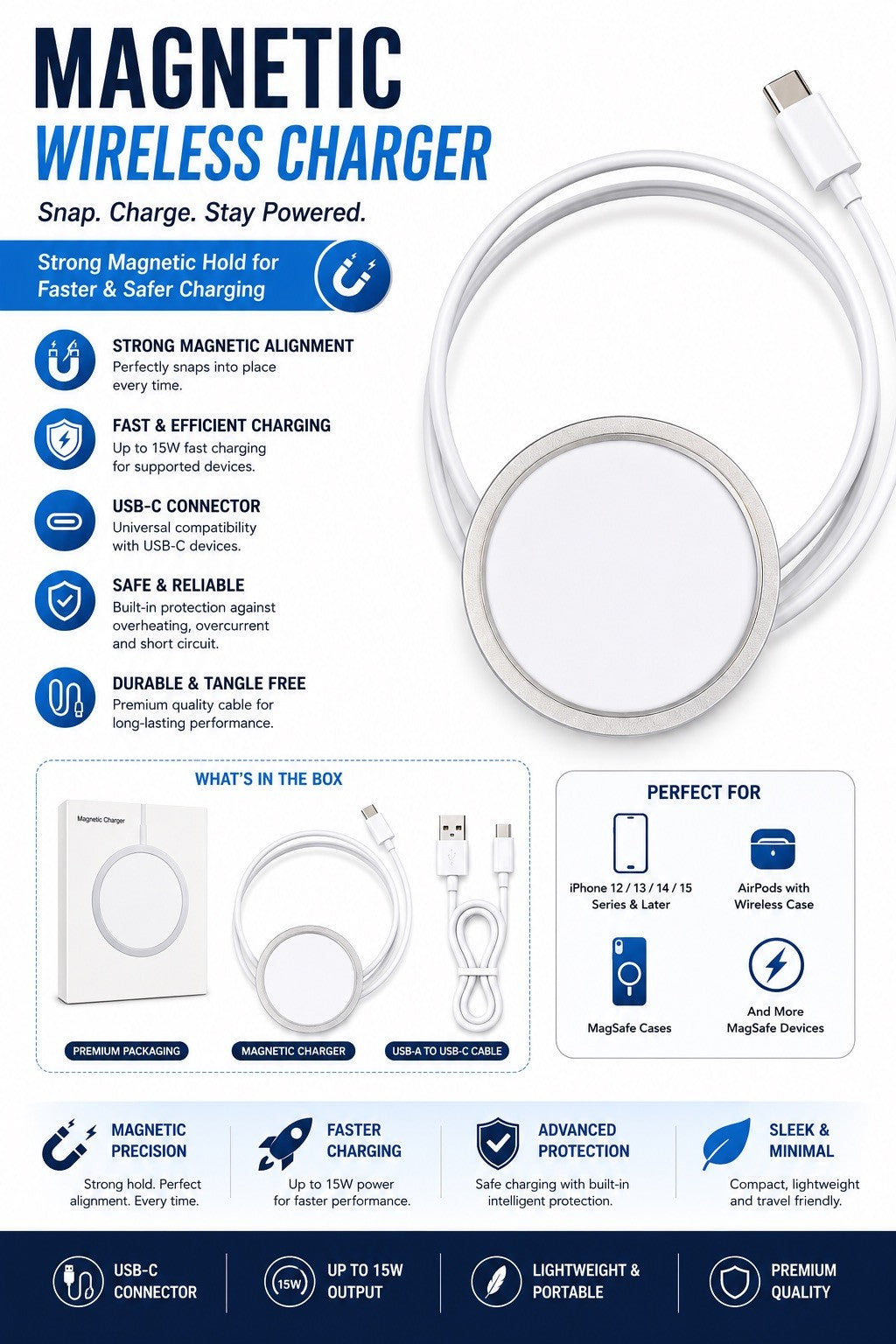 Magsafe Wireless Charger Magnetic Fast Charge For Iphone Pro/Max 16,15,14,13,12
