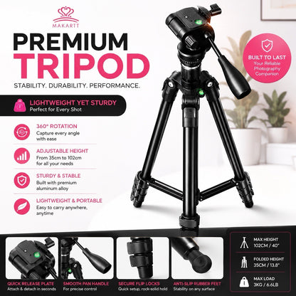 Makartt Aluminum Camera Tripod 40" 102cm Pan Head Quick Release 3kg Load - Lumi and Leo
