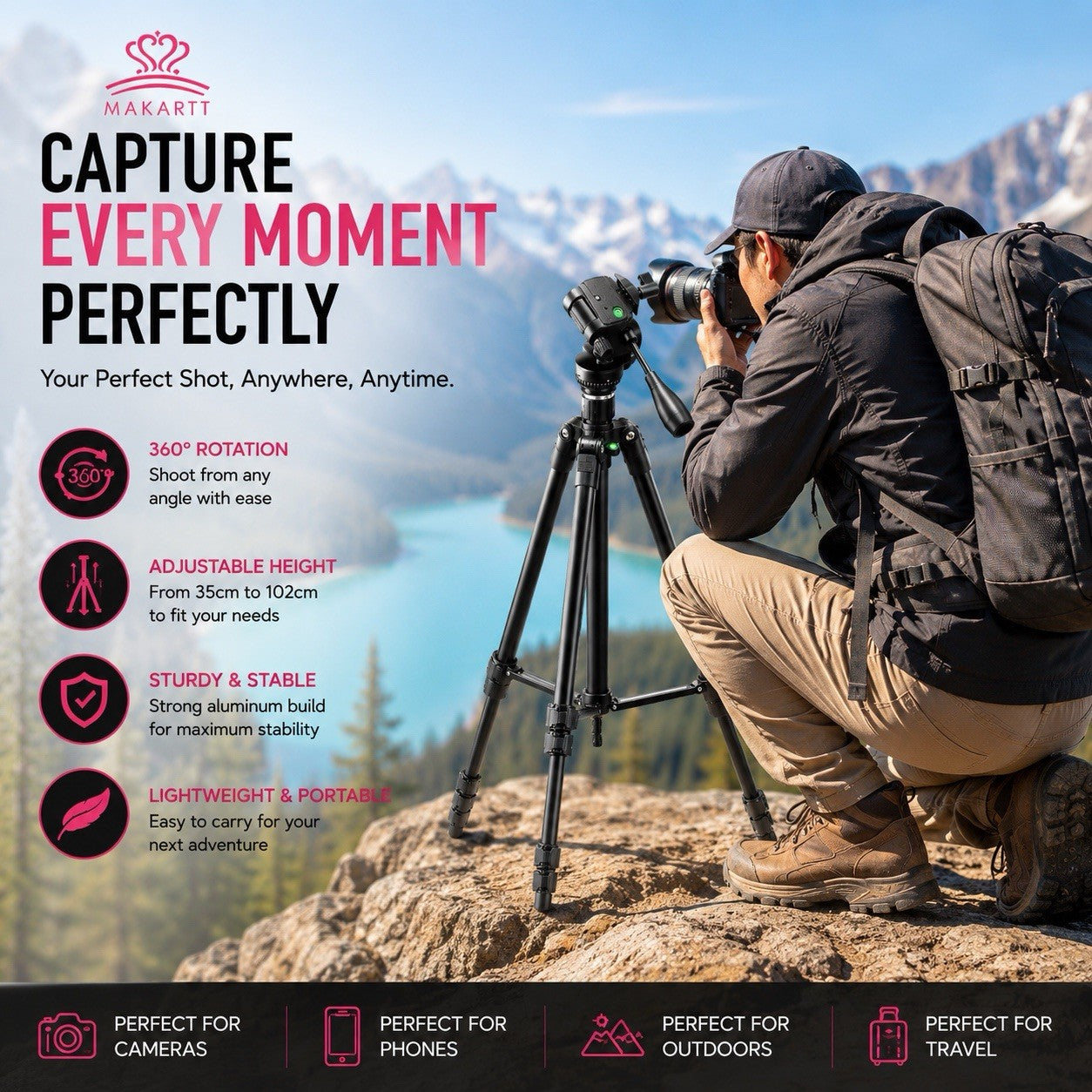 Makartt Aluminum Camera Tripod 40" 102cm Pan Head Quick Release 3kg Load - Lumi and Leo