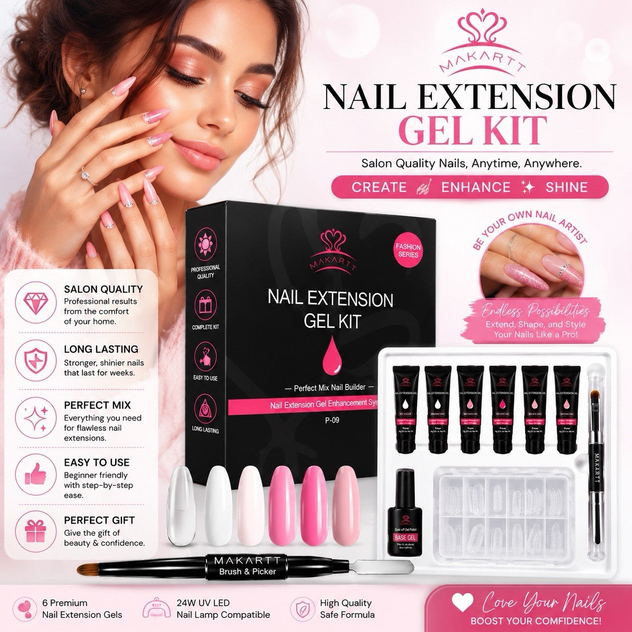 Makartt Nail Extension Gel Kit Poly Gel Starter Set with Tips & Base Gel