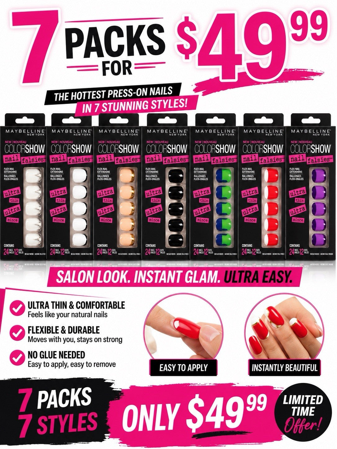 Maybelline Color Show Nail Falsies Press-On Nails 7 Pack Bundle 7 Styles New - Lumi and Leo