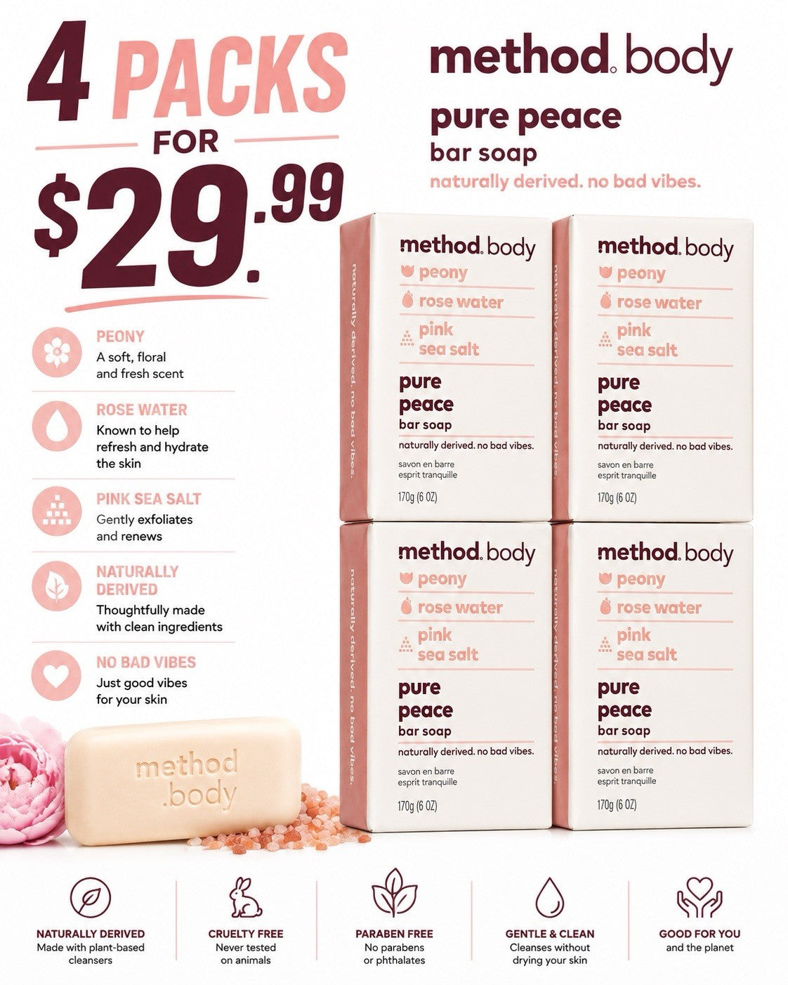 Method Body Pure Peace Bar Soap 4 Pack 6 Oz Each Bar Peony Rose Waters Pink Salt - Lumi and Leo