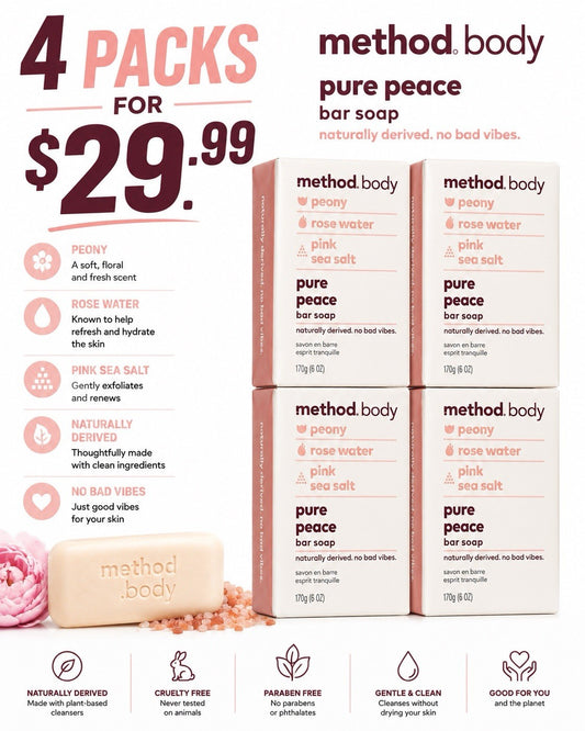 Method Body Pure Peace Bar Soap 4 Pack 6 Oz Each Bar Peony Rose Waters Pink Salt - Lumi and Leo
