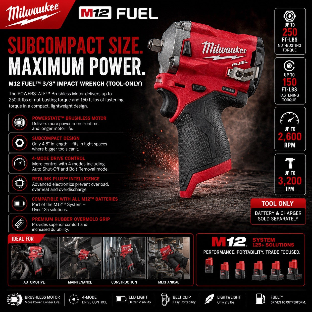 Milwaukee M12 FUEL 3/8" Impact Wrench Brushless Tool Only Tested Working - Lumi and Leo