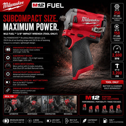 Milwaukee M12 FUEL 3/8" Impact Wrench Brushless Tool Only Tested Working - Lumi and Leo