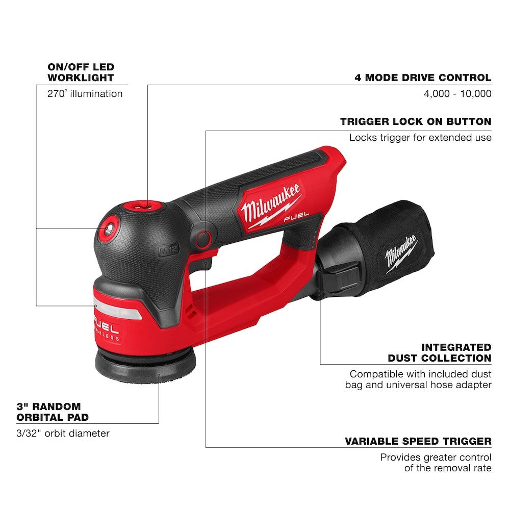 Milwaukee M12 FUEL 3” Random Orbital Detail Sander Tool Only - Lumi and Leo