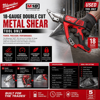 Milwaukee M18 18V 18-Gauge Double Cut Metal Shear Tested & Working Tool Only - Lumi and Leo