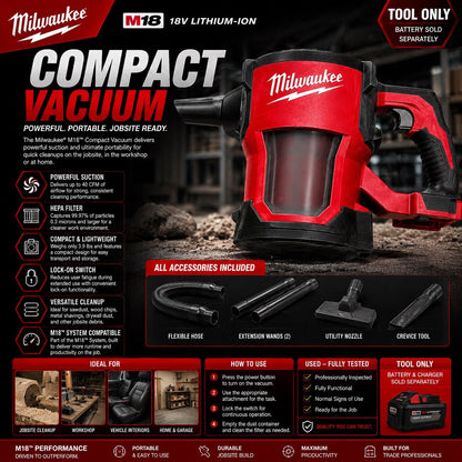Milwaukee M18 Compact Vacuum Tested & Working Tool Only HEPA Jobsite Vacuum - Lumi and Leo