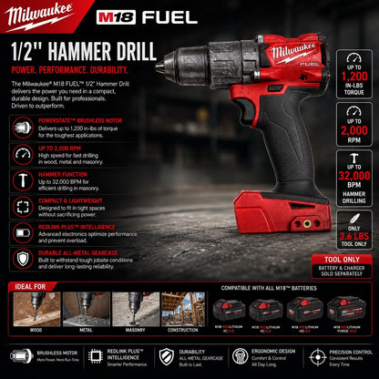 Milwaukee M18 FUEL 1/2" Hammer Drill Driver Brushless Tool Only Tested Working - Lumi and Leo