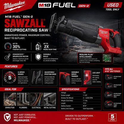 Milwaukee M18 FUEL GEN-2 SAWZALL Reciprocating Saw Tested & Working Tool Only - Lumi and Leo