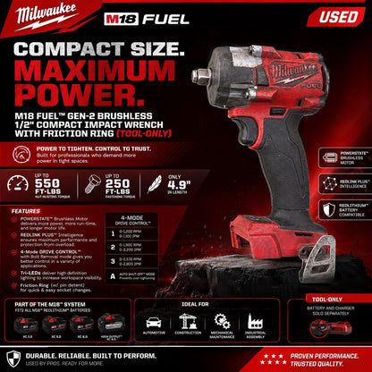 Milwaukee M18 FUEL Gen-2 1/2" Compact Impact Wrench Tested & Working Tool Only - Lumi and Leo