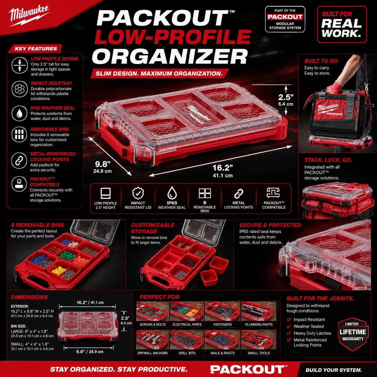 Milwaukee PACKOUT Low Profile Organizer 6 Bin IP65 Modular Storage Case New