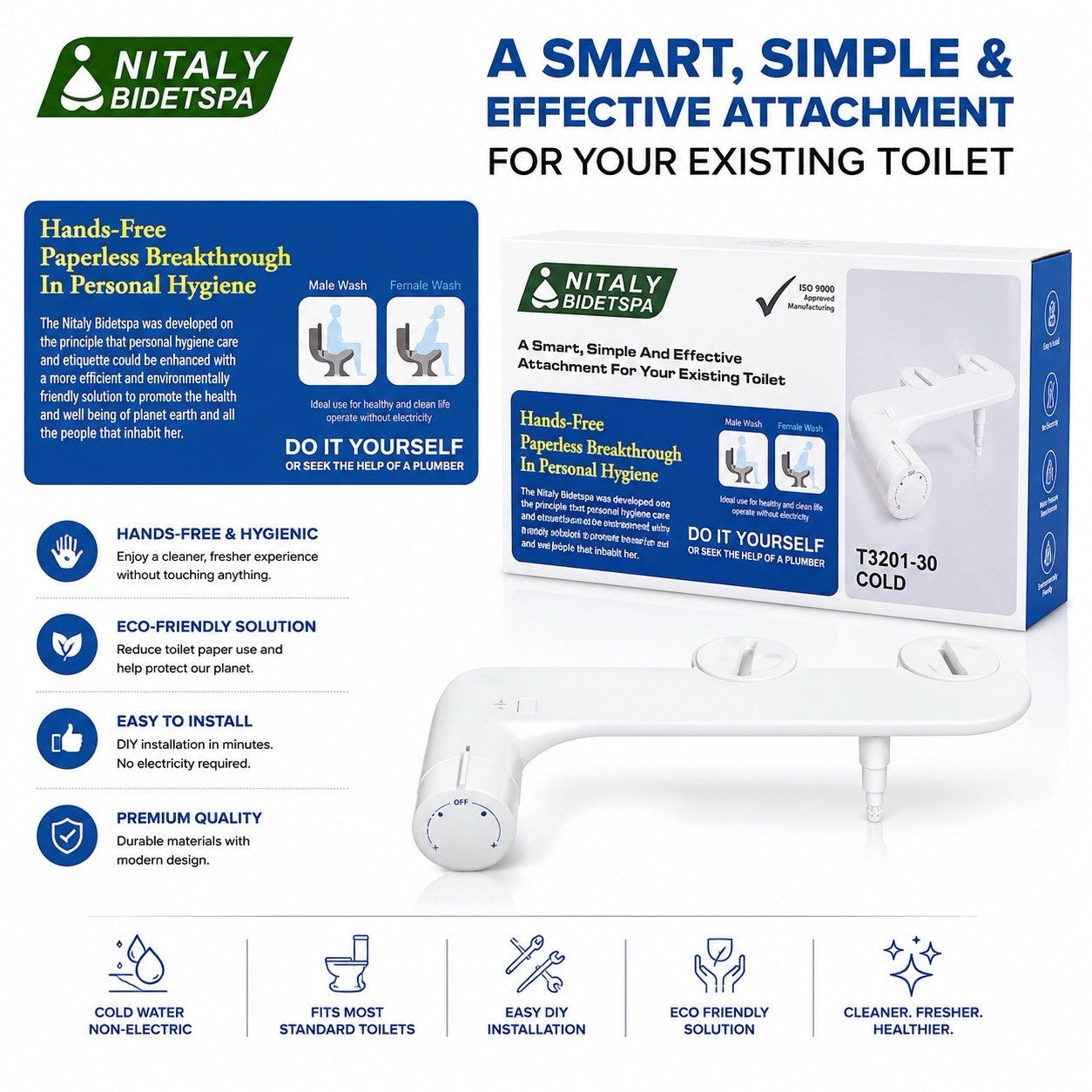 Nitaly BidetSpa T3201-30 Cold Water Bidet Toilet Attachment Non-Electric