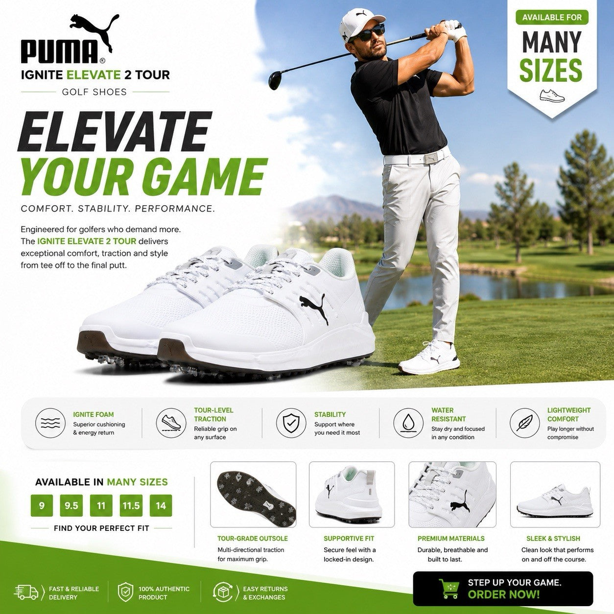 PUMA Ignite Elevate 2 Tour Golf Shoes White Multiple Sizes, Tell Us Your Size ?