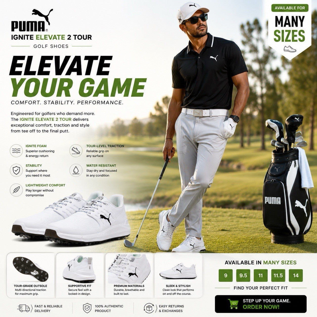 PUMA Ignite Elevate 2 Tour Golf Shoes White Multiple Sizes, Tell Us Your Size ? - Lumi and Leo