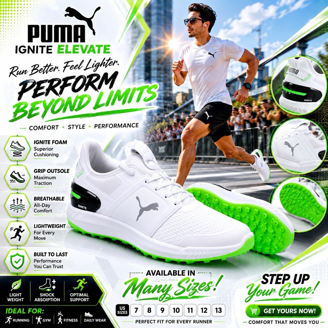 PUMA Ignite Elevate Golf Shoes White Green Multiple Sizes Tell Us Your Size ? - Lumi and Leo