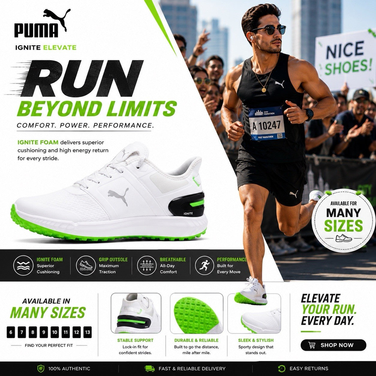 PUMA Ignite Elevate Golf Shoes White Green Multiple Sizes Tell Us Your Size ? - Lumi and Leo